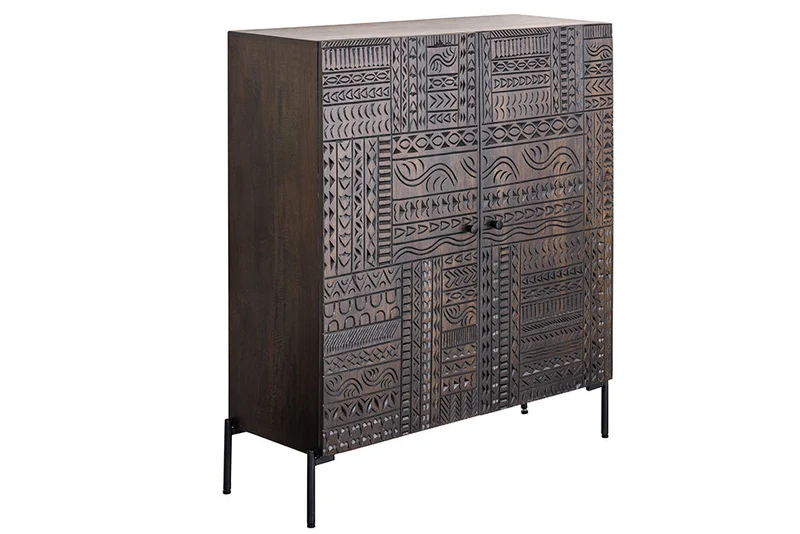 Buffet haut massif TRIBAL 120cm en manguier marron antique Façade 3D nombreux rangements