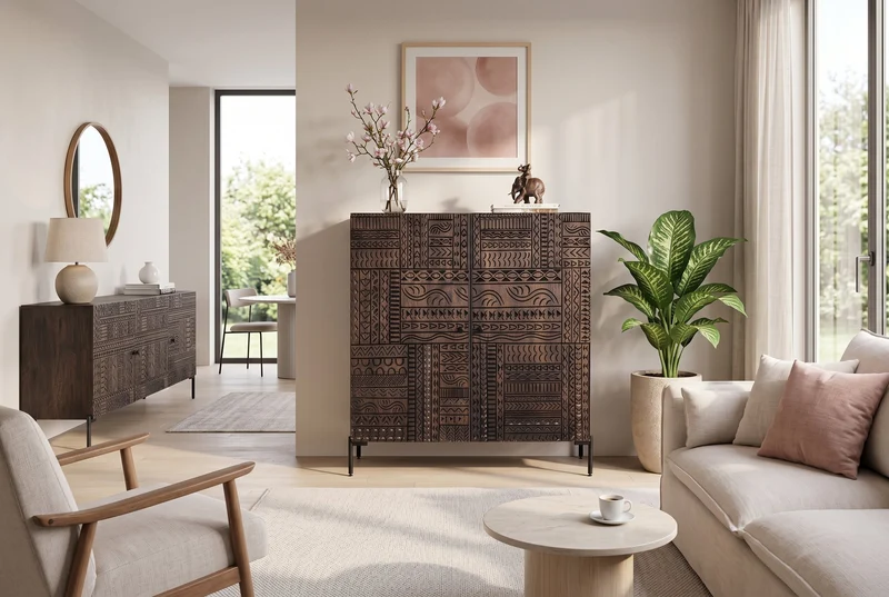 Buffet haut massif TRIBAL 120cm en manguier marron antique Façade 3D nombreux rangements