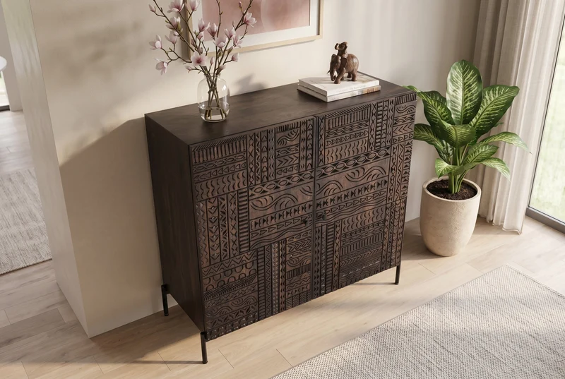 Buffet haut massif TRIBAL 120cm en manguier marron antique Façade 3D nombreux rangements