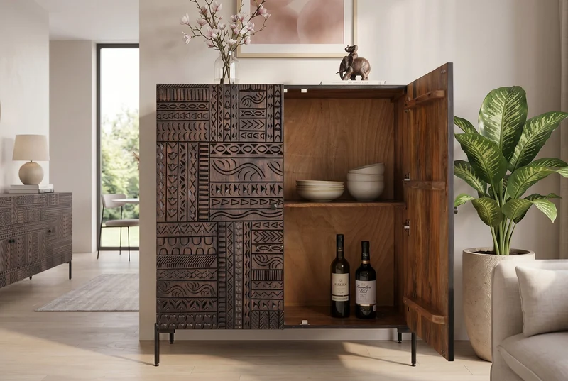 Buffet haut massif TRIBAL 120cm en manguier marron antique Façade 3D nombreux rangements