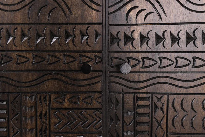 Buffet haut massif TRIBAL 120cm en manguier marron antique Façade 3D nombreux rangements
