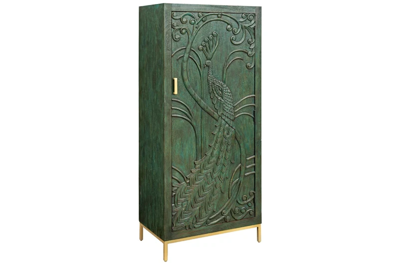 Buffet haut massif PEACOCK 170cm en bois de manguier vert antique sculpture 3D design paon