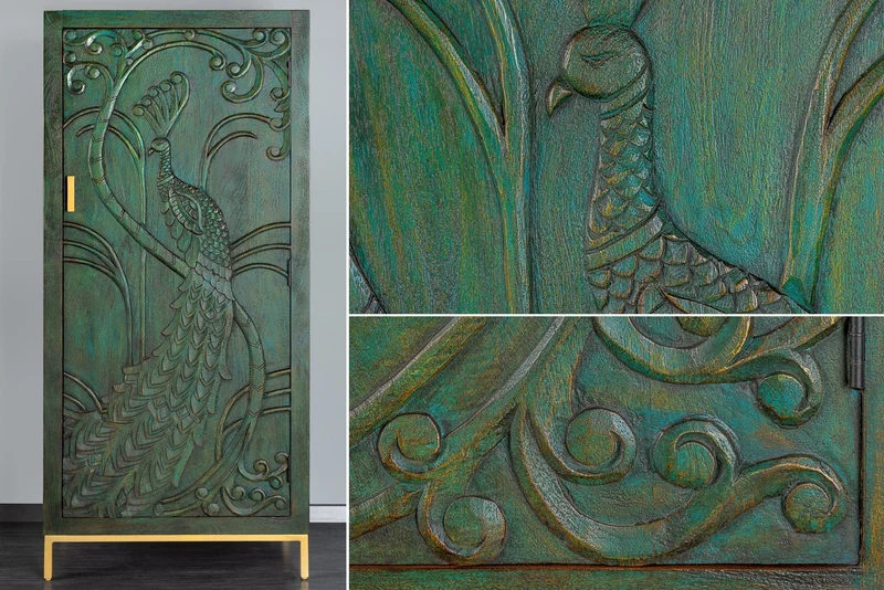Buffet haut massif PEACOCK 170cm en bois de manguier vert antique sculpture 3D design paon