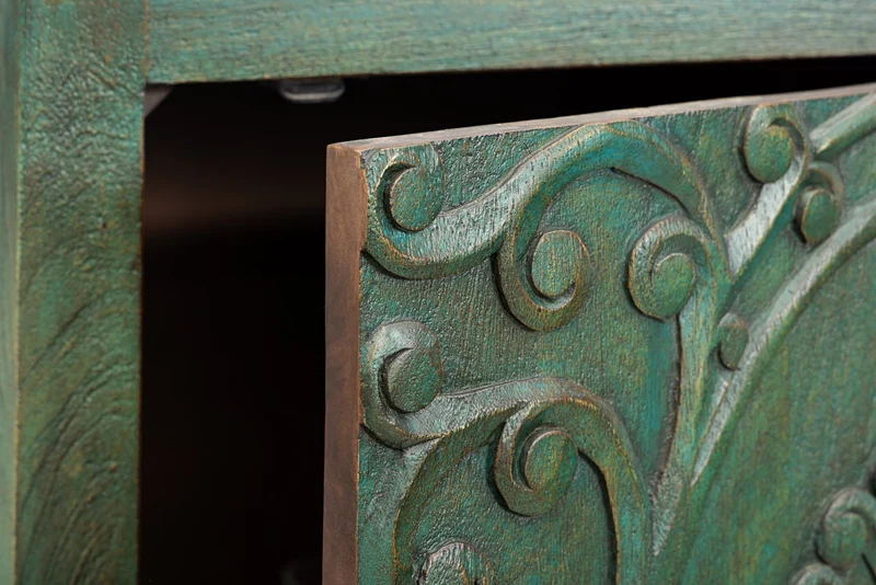 Buffet haut massif PEACOCK 170cm en bois de manguier vert antique sculpture 3D design paon