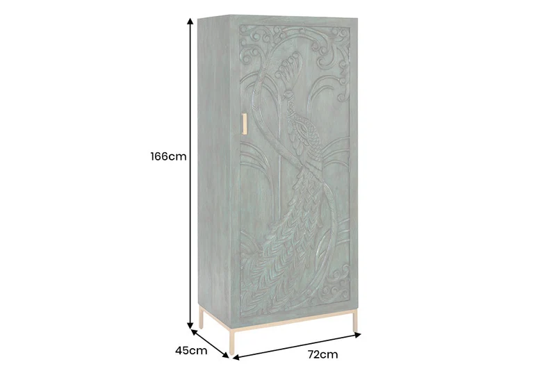 Buffet haut massif PEACOCK 170cm en bois de manguier vert antique sculpture 3D design paon