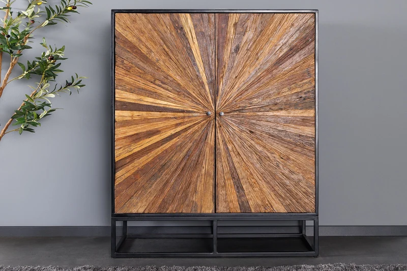 Buffet haut massif BARRACUDA 120cm en manguier marron avec façade en teck métal noir