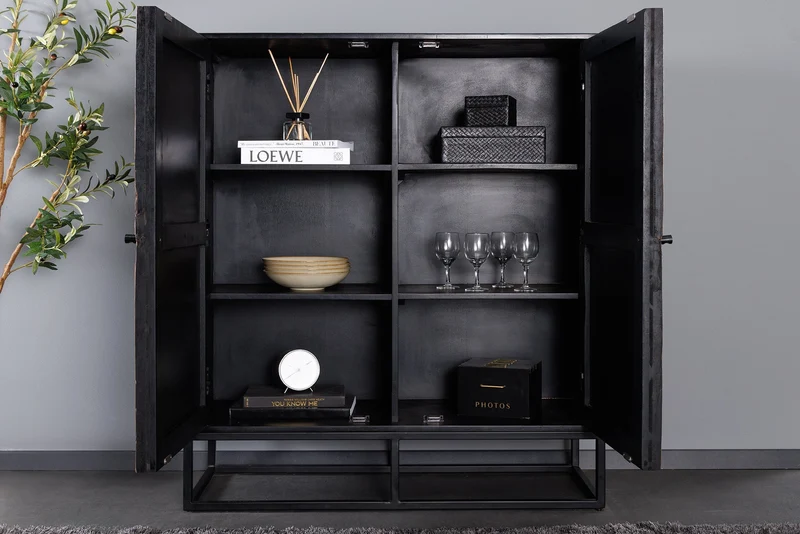 Buffet haut massif BARRACUDA 120cm en manguier marron avec façade en teck métal noir