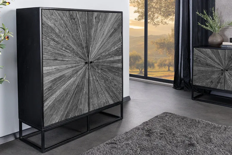 Buffet haut massif BARRACUDA 120cm en manguier gris façade teck métal noir