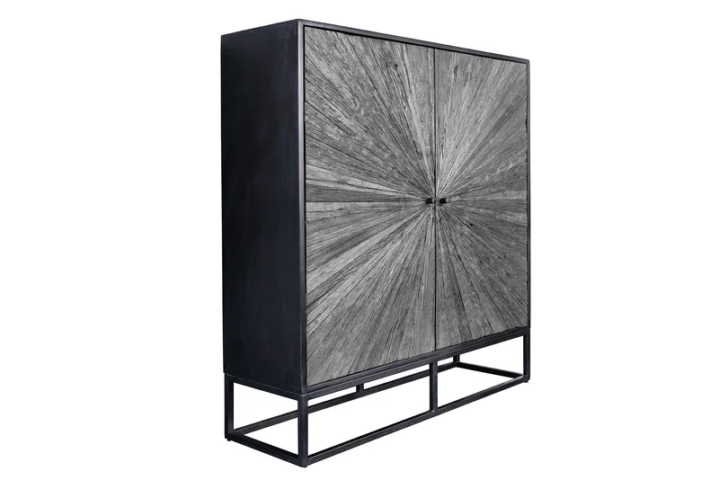 Buffet haut massif BARRACUDA 120cm en manguier gris façade teck métal noir