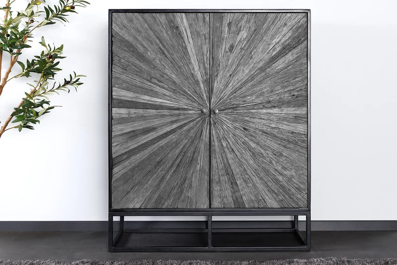 Buffet haut massif BARRACUDA 120cm en manguier gris façade teck métal noir