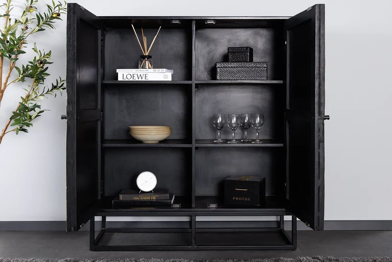 Buffet haut massif BARRACUDA 120cm en manguier gris façade teck métal noir