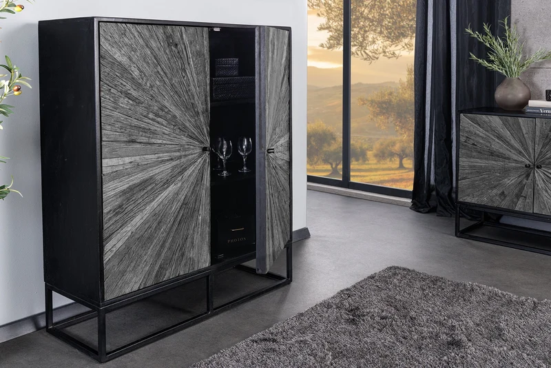 Buffet haut massif BARRACUDA 120cm en manguier gris façade teck métal noir