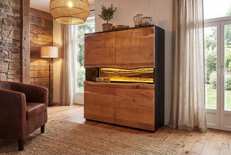 Buffet haut en bois massif GRAND ACACIA 120cm acacia marron avec éclairage LED bord d’arbre