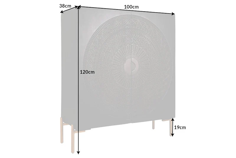 Buffet haut massif MANDALA 120cm en bois de manguier avec sculptures 3D pieds noir doré