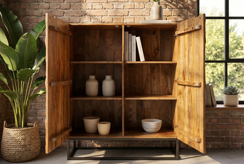 Buffet haut massif SCORPION 120 cm en bois de manguier marron avec sculptures 3D élaborées