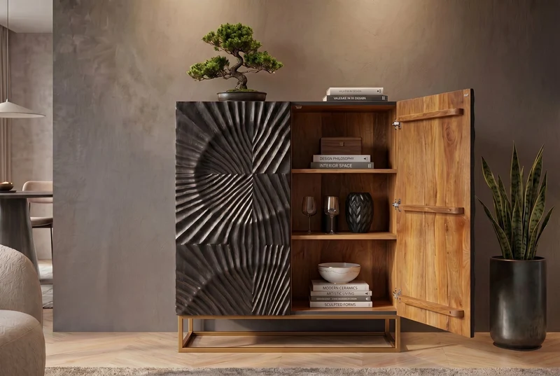 Buffet haut massif SCORPION 120 cm en bois de manguier noir avec sculptures 3D élaborées