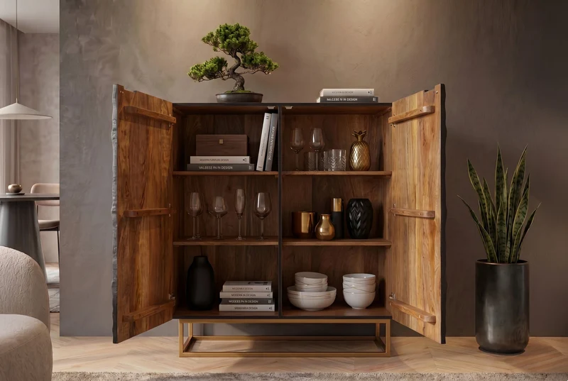 Buffet haut massif SCORPION 120 cm en bois de manguier noir avec sculptures 3D élaborées