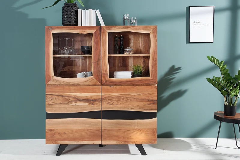 Buffet haut massif AMAZONAS 140cm vitrine en métal acacia bord d’arbre