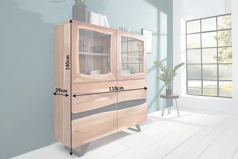 Buffet haut massif AMAZONAS 140cm vitrine en métal acacia bord d’arbre
