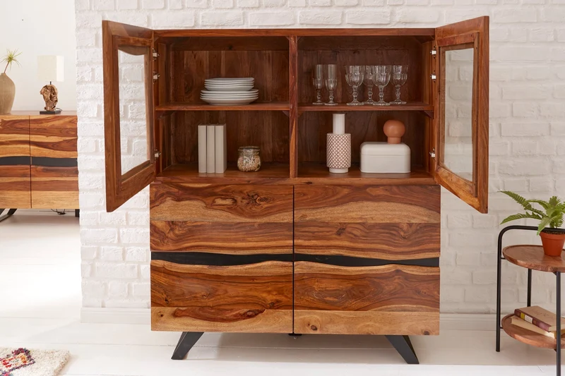 Buffet haut massif AMAZONAS 140cm vitrine en bois de sheesham marron avec bordure en arbre