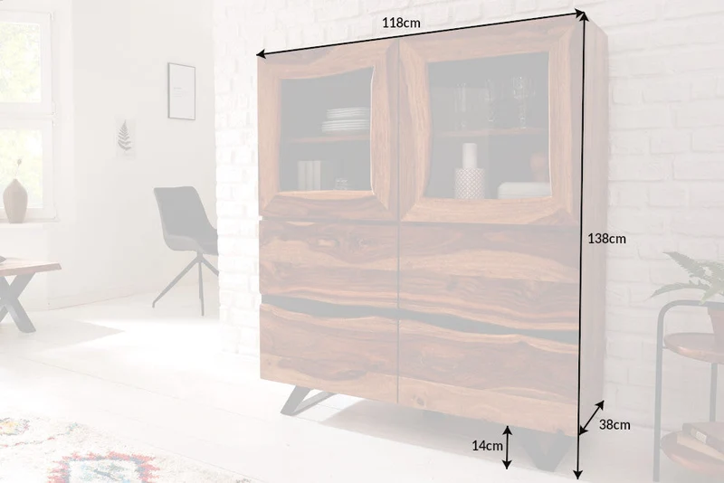 Buffet haut massif AMAZONAS 140cm vitrine en bois de sheesham marron avec bordure en arbre