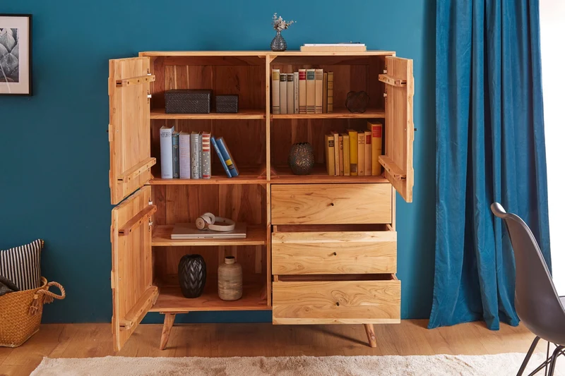 Bois massif Highboard MYSTIC LIVING 140cm acacia naturel surface 3D