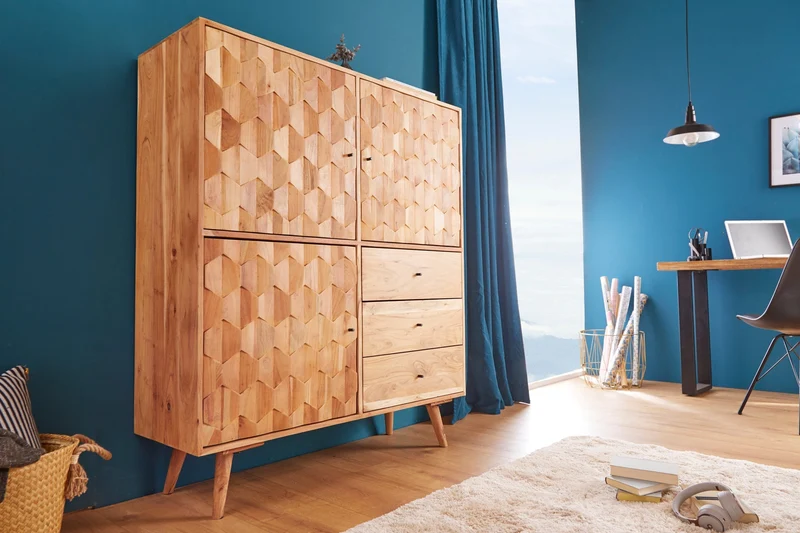 Bois massif Highboard MYSTIC LIVING 140cm acacia naturel surface 3D