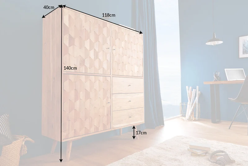 Bois massif Highboard MYSTIC LIVING 140cm acacia naturel surface 3D