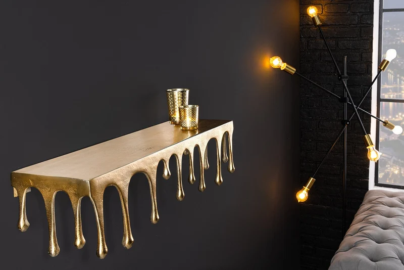 Handgefertigtes Wandregal LIQUID LINE 60cm gold antik Metall Tropfen-Design