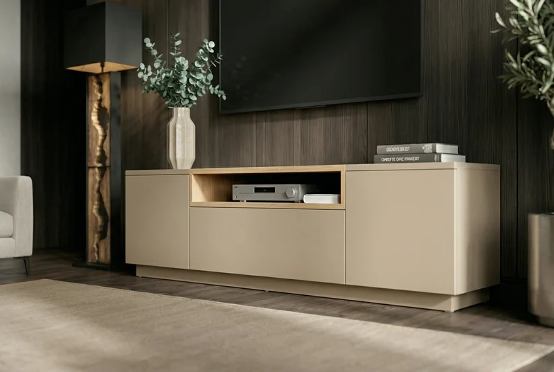 Meuble TV moderne LOFT 160cm gris naturel beige grège trois compartiments tiroir