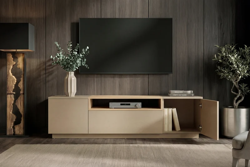 Meuble TV moderne LOFT 160cm gris naturel beige grège trois compartiments tiroir
