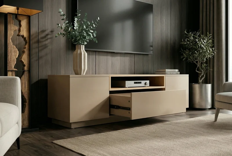 Meuble TV moderne LOFT 160cm gris naturel beige grège trois compartiments tiroir