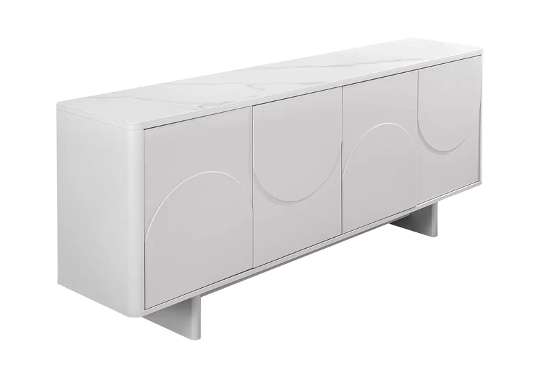 Buffet design SAVOY 180cm céramique marbre blanc cachemire avec rangements et façade 3D