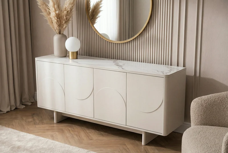 Buffet design SAVOY 180cm céramique marbre blanc cachemire avec rangements et façade 3D