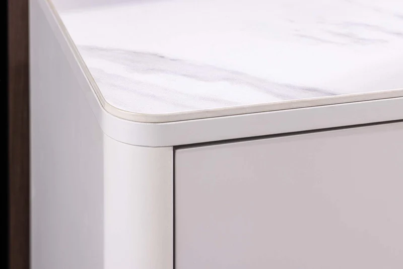 Buffet design SAVOY 180cm céramique marbre blanc cachemire avec rangements et façade 3D