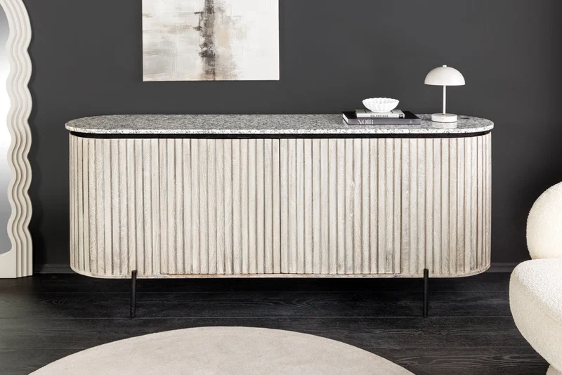 Buffet massif ADLON 170cm en manguier brossé gris avec plateau en marbre blanc