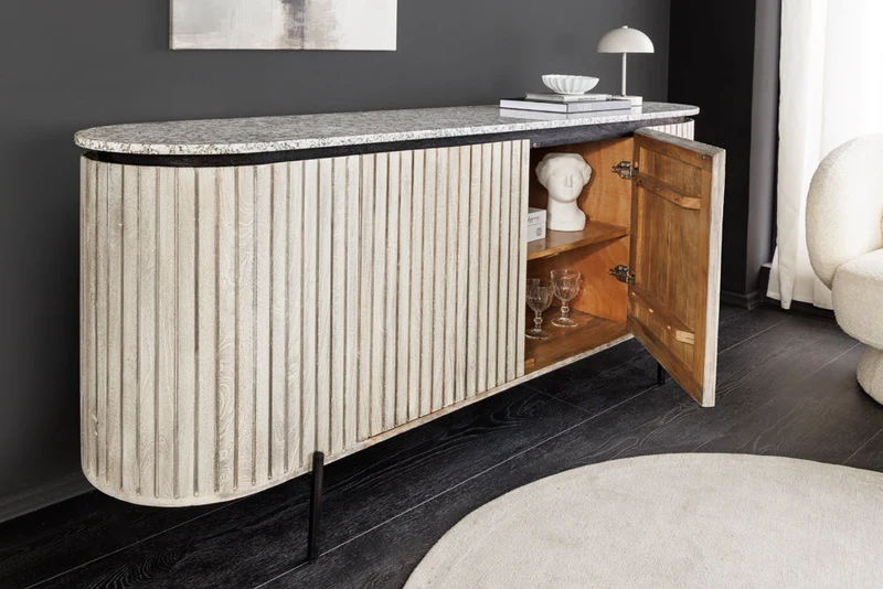 Buffet massif ADLON 170cm en manguier brossé gris avec plateau en marbre blanc