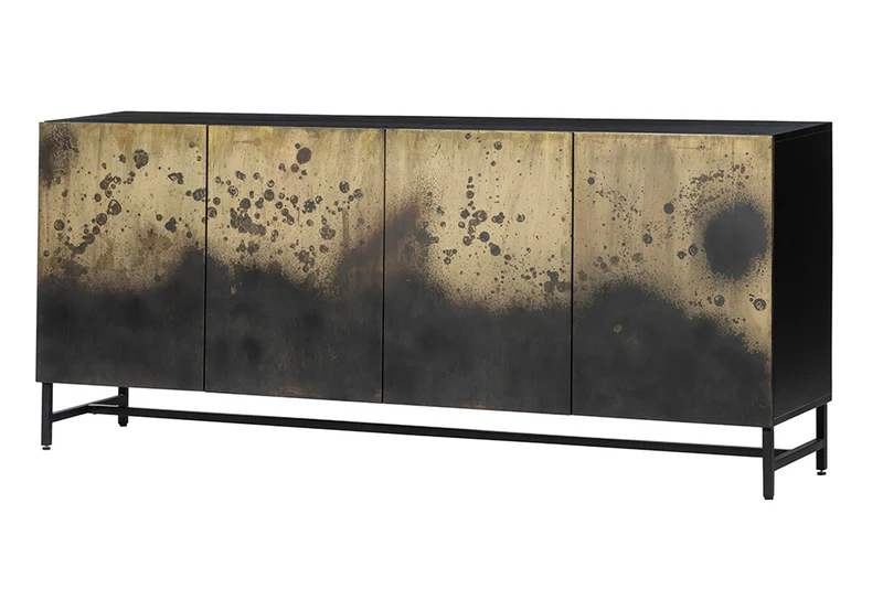 Buffet exclusif OXID 180cm noir doré bois de manguier massif métal fermeture amortie