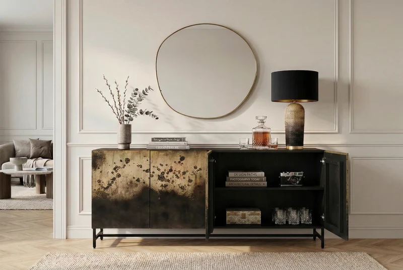 Buffet exclusif OXID 180cm noir doré bois de manguier massif métal fermeture amortie