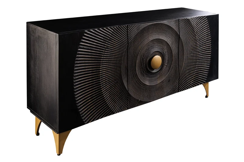 Buffet artisanal GOLDEN SUNSET 140cm noir avec sculptures 3D pieds en métal bois de manguier doré
