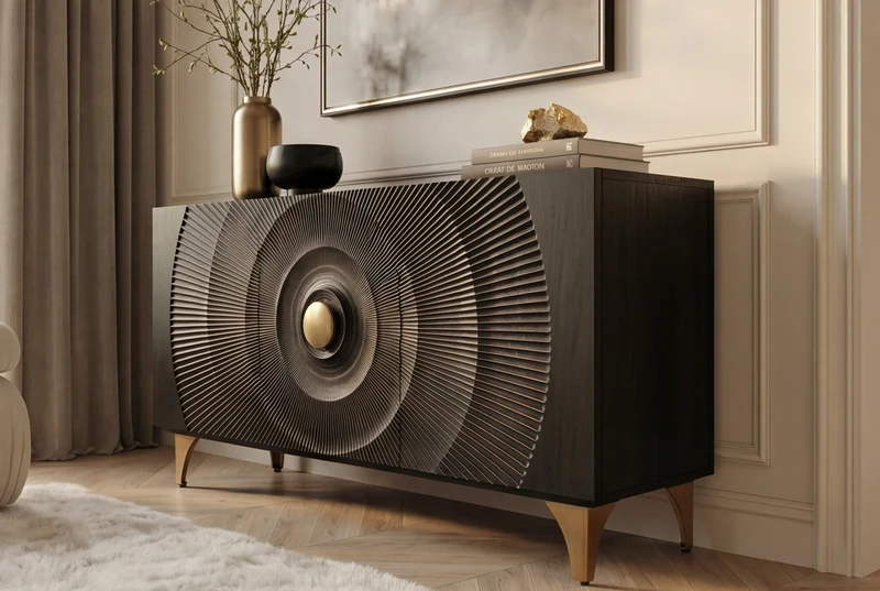 Buffet artisanal GOLDEN SUNSET 140cm noir avec sculptures 3D pieds en métal bois de manguier doré