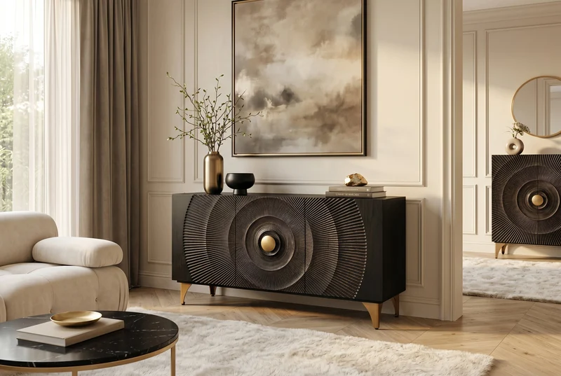 Buffet artisanal GOLDEN SUNSET 140cm noir avec sculptures 3D pieds en métal bois de manguier doré