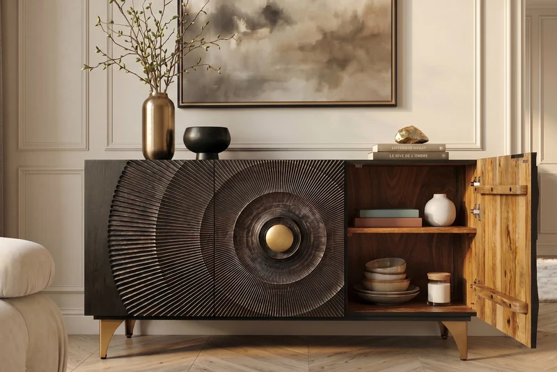 Buffet artisanal GOLDEN SUNSET 140cm noir avec sculptures 3D pieds en métal bois de manguier doré