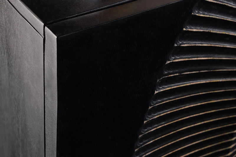 Buffet artisanal GOLDEN SUNSET 140cm noir avec sculptures 3D pieds en métal bois de manguier doré