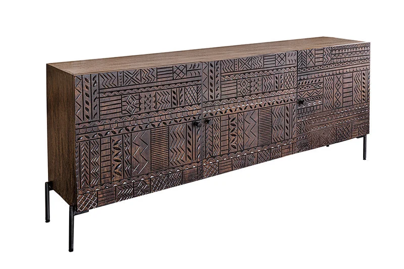 Buffet massif TRIBAL 180cm en manguier marron antique Façade 3D nombreux rangements