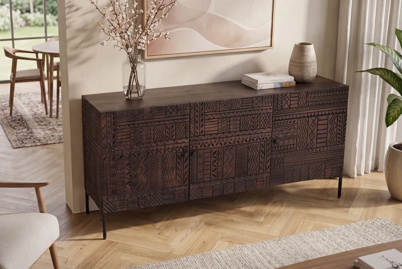 Buffet massif TRIBAL 180cm en manguier marron antique Façade 3D nombreux rangements