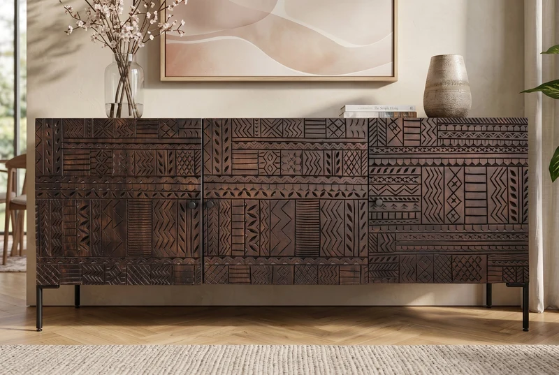 Buffet massif TRIBAL 180cm en manguier marron antique Façade 3D nombreux rangements