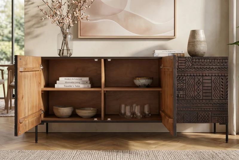 Buffet massif TRIBAL 180cm en manguier marron antique Façade 3D nombreux rangements