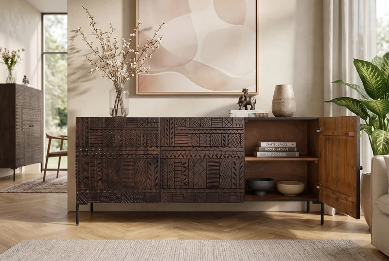Buffet massif TRIBAL 180cm en manguier marron antique Façade 3D nombreux rangements