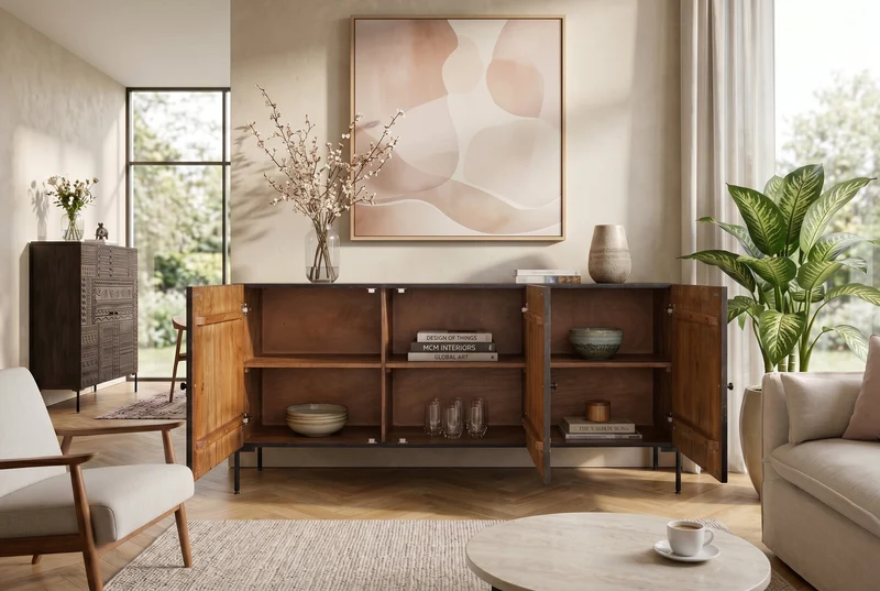 Buffet massif TRIBAL 180cm en manguier marron antique Façade 3D nombreux rangements